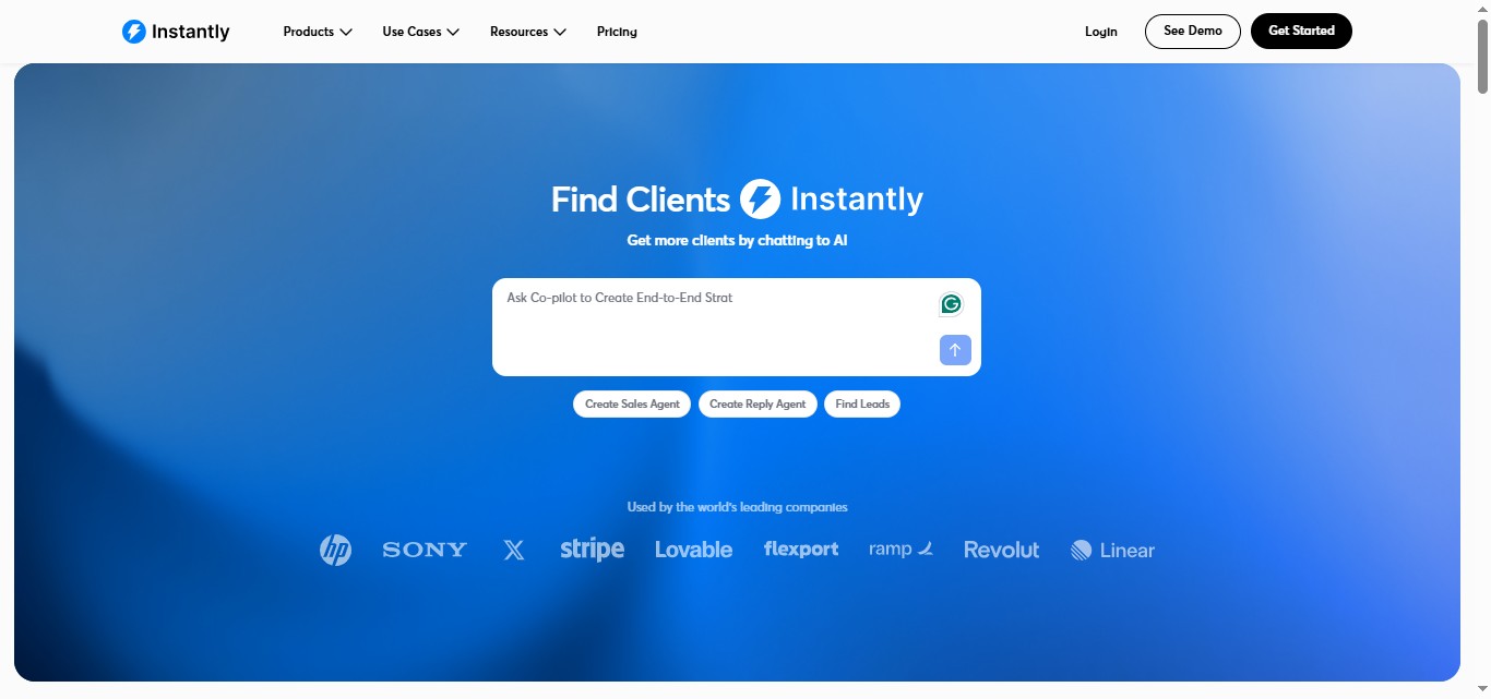 Instantly.ai homepage with the headline Find Clients Instantly. Get more clients by chatting to AI.