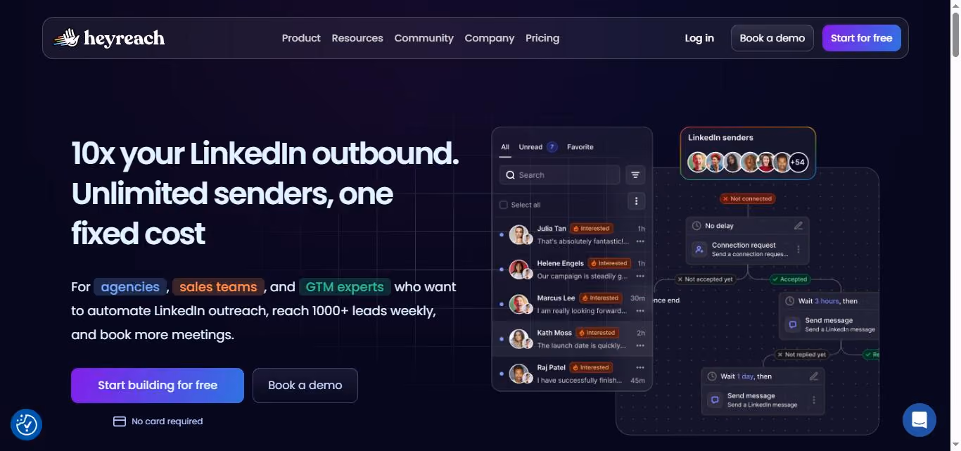 Heyreach.io homepage with the headline 10x your LinkedIn outbound. Unlimited senders, one fixed cost.