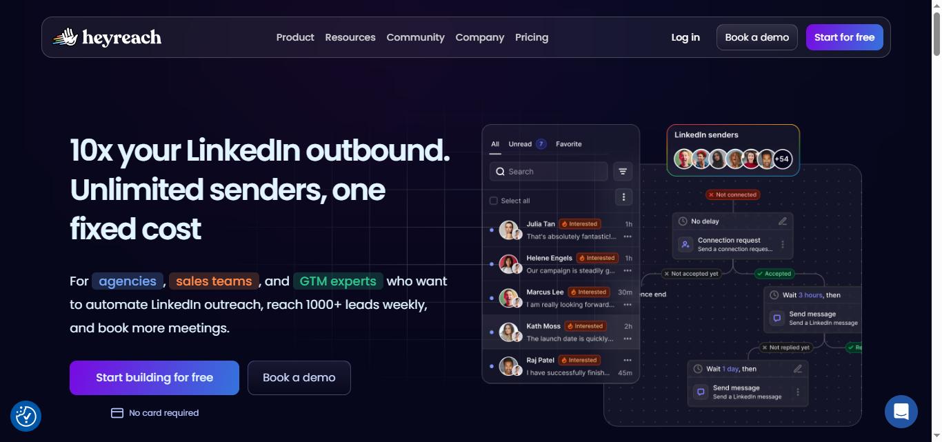 Heyreach.io homepage with the headline 10x your LinkedIn outbound. Unlimited senders, one fixed cost.