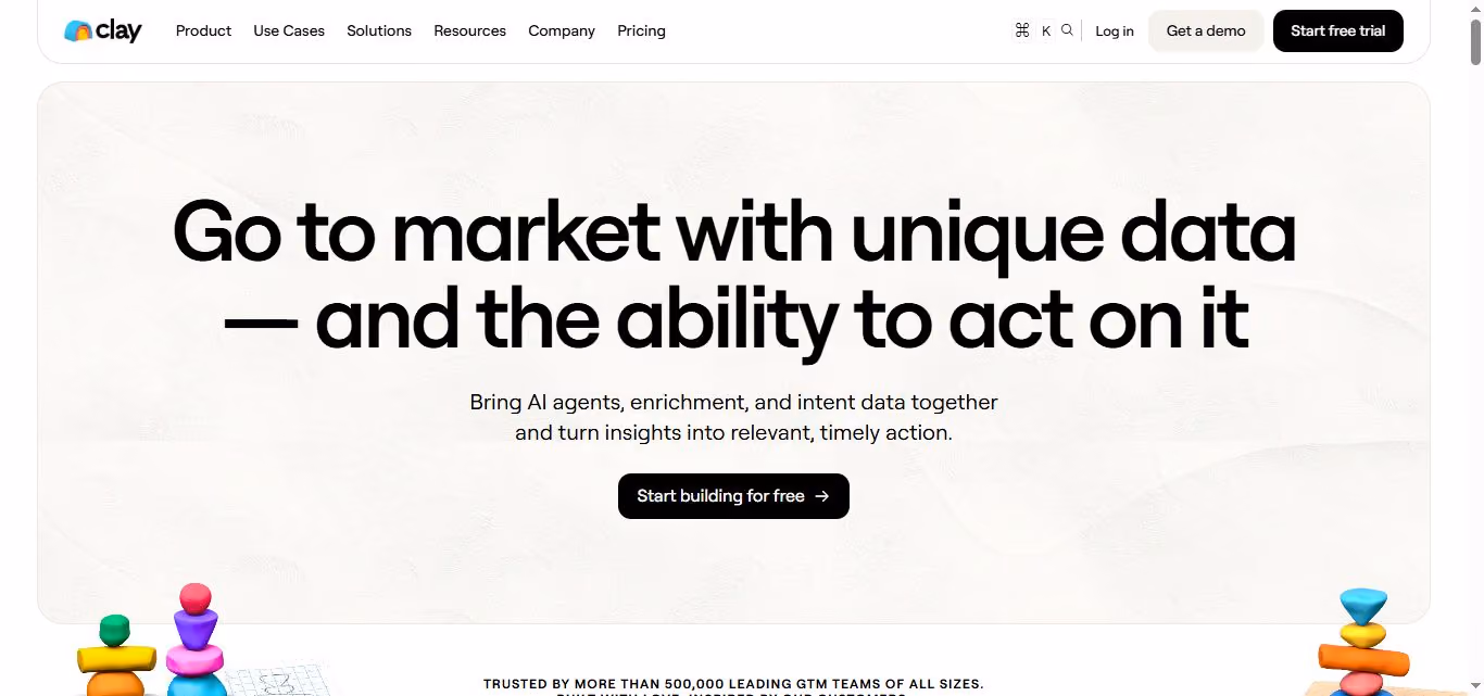 Clay.com homepage with the headline Go to market with unique data — and the ability to act on it