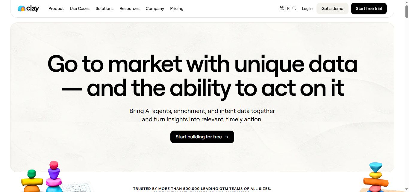 Clay.com homepage with the headline Go to market with unique data — and the ability to act on it