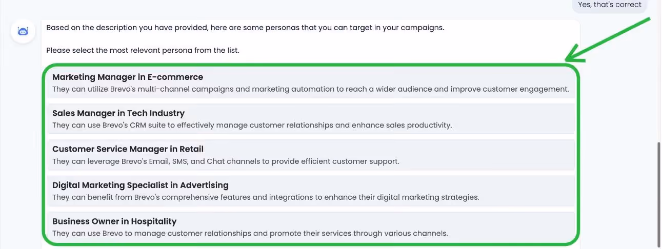 A list of marketing personas, including Marketing Manager in E-commerce, Sales Manager in Tech Industry, Customer Service Manager in Retail, Digital Marketing Specialist in Advertising, and Business Owner in Hospitality