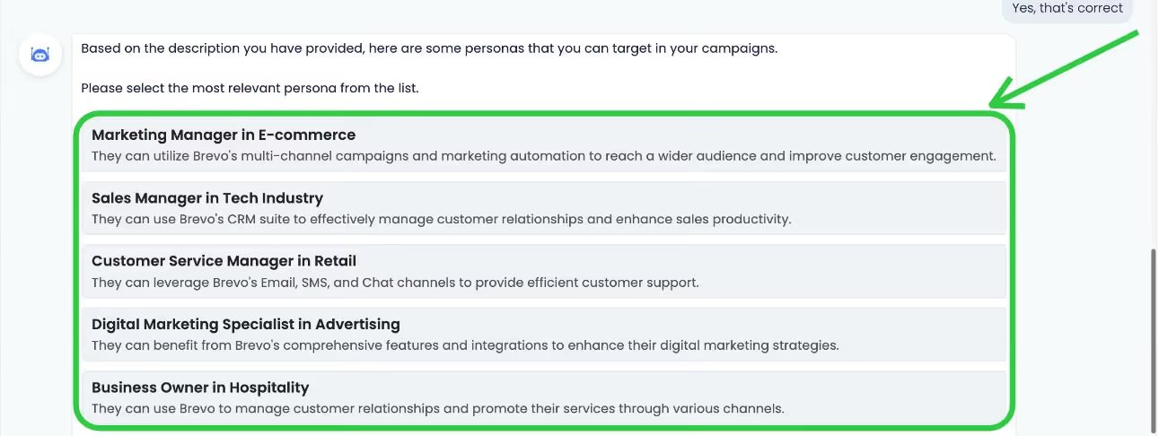 A list of marketing personas, including Marketing Manager in E-commerce, Sales Manager in Tech Industry, Customer Service Manager in Retail, Digital Marketing Specialist in Advertising, and Business Owner in Hospitality