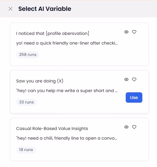 A popup window titled "Select AI Variable" with three options: "I noticed that [profile observation]", "Saw you are doing (x)", and "Casual Role-Based Value Insights." 