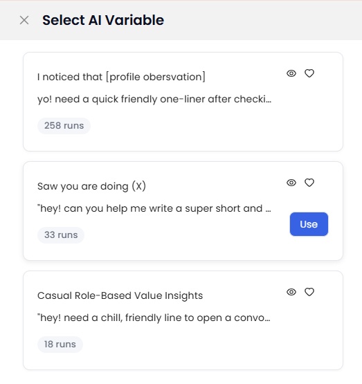 A popup window titled "Select AI Variable" with three options: "I noticed that [profile observation]", "Saw you are doing (x)", and "Casual Role-Based Value Insights." 