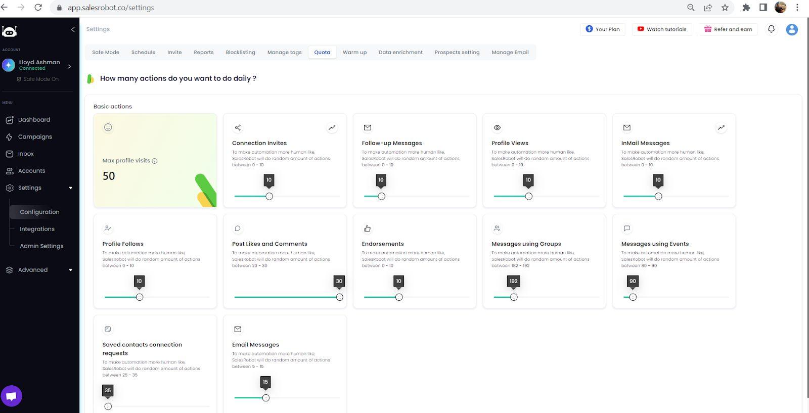 SalesRobot daily action settings.