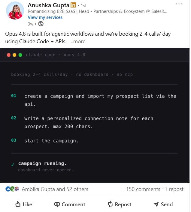 LinkedIn post about Opus 4.8.