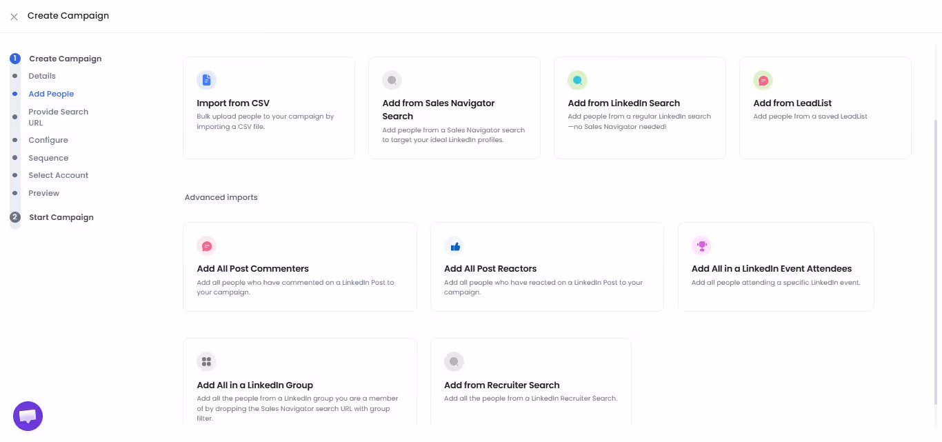 A screenshot of the SalesRobot "Create Campaign" page, showing options for adding people to a campaign.