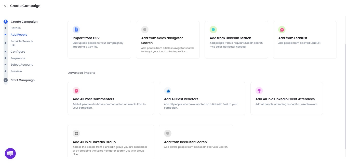 A screenshot of the SalesRobot "Create Campaign" page, showing options for adding people to a campaign.