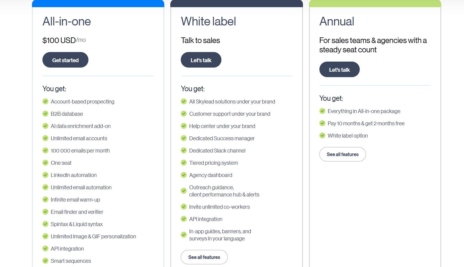 Pricing plans for "All-in-one", "White label", and "Annual" services.