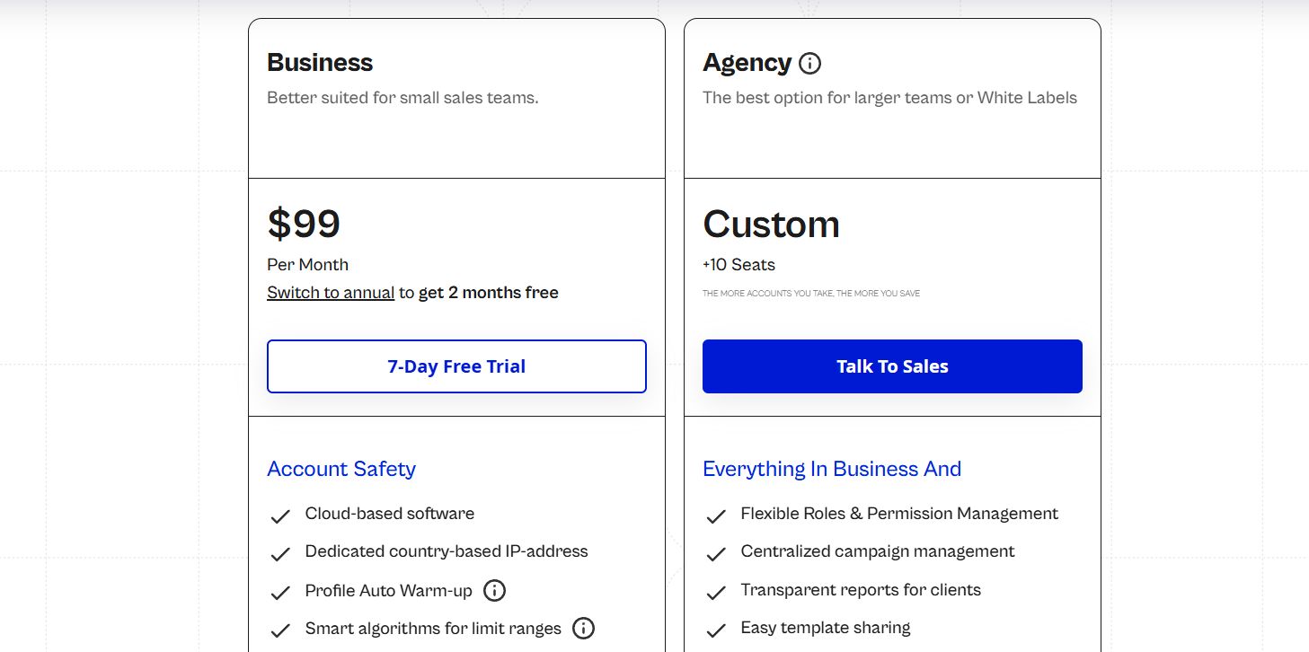 Pricing plans for "Business" and "Agency/Custom" services.