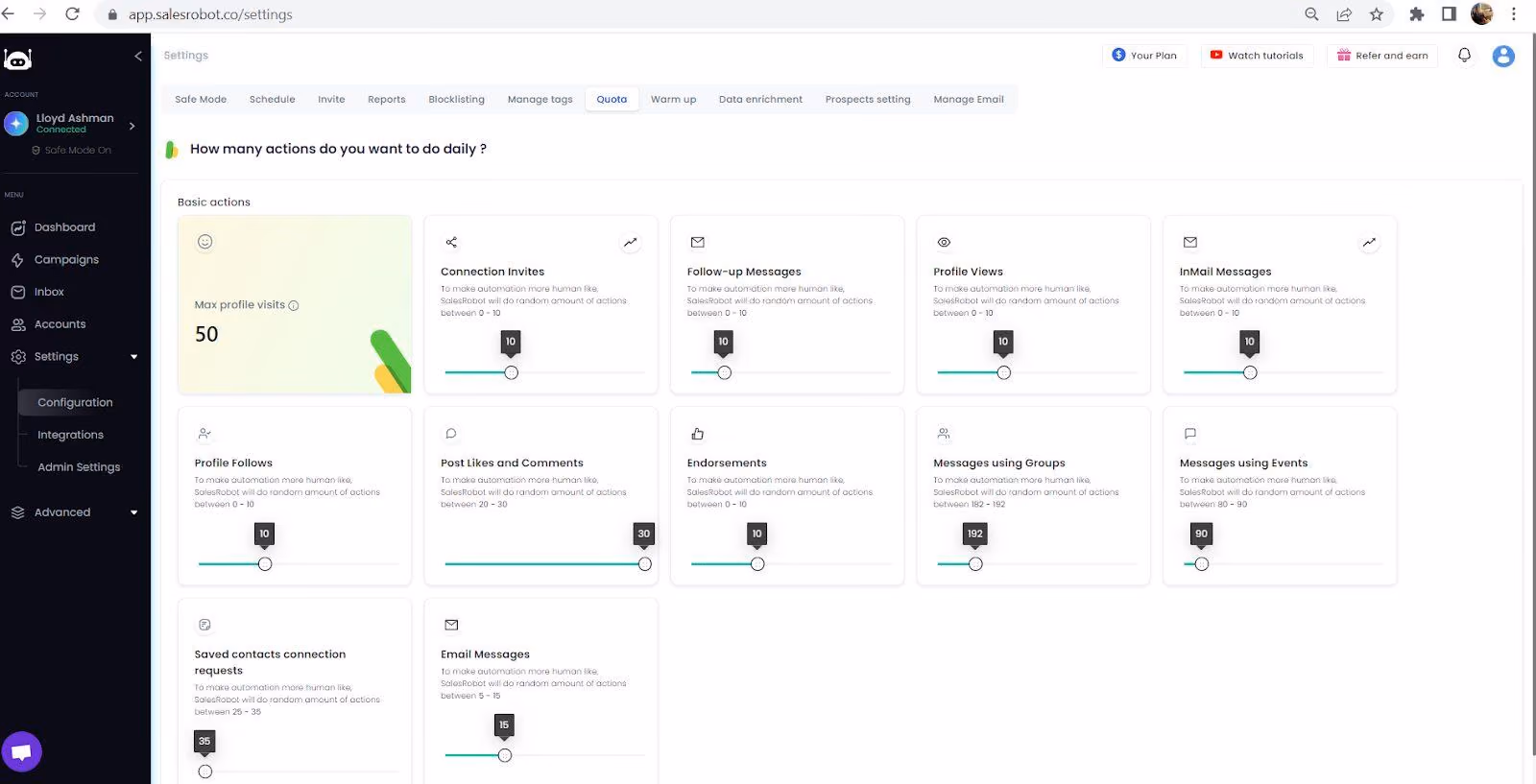 Screenshot of SalesRobot settings page showing options for daily actions like "Connection invites," "Follow-up Messages," and "Profile Views.