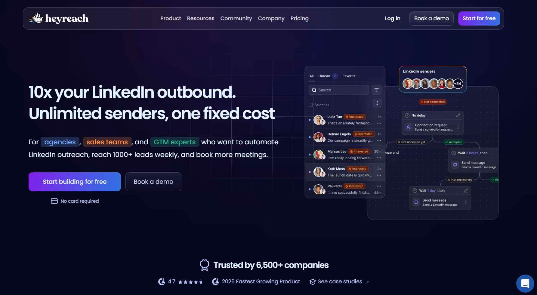 Heyreach website homepage with headline "10x your LinkedIn outbound. Unlimited senders, one fixed cost"