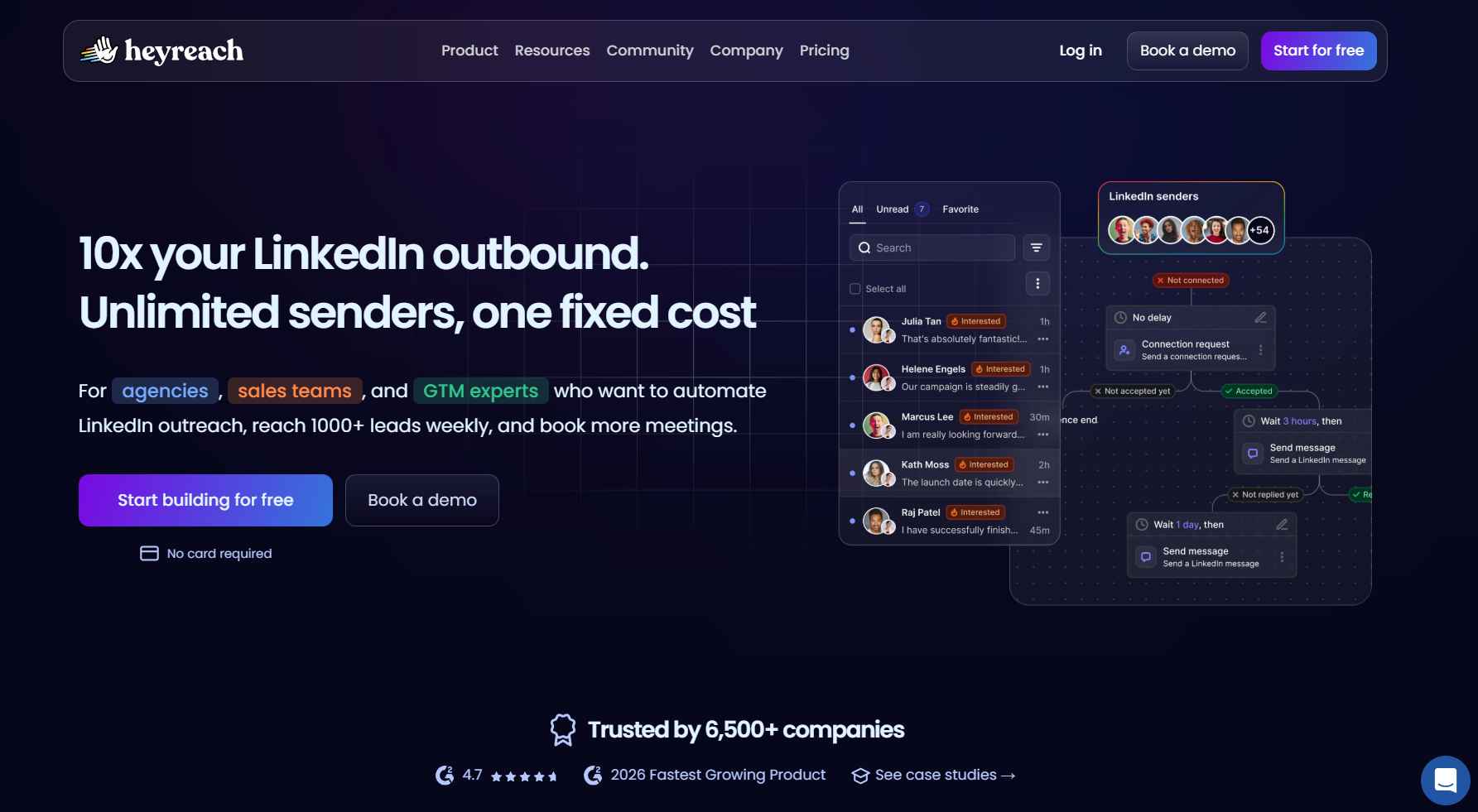 Heyreach website homepage with headline "10x your LinkedIn outbound. Unlimited senders, one fixed cost"