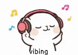 A cute white cat character wearing headphones and listening to music, with musical notes floating around