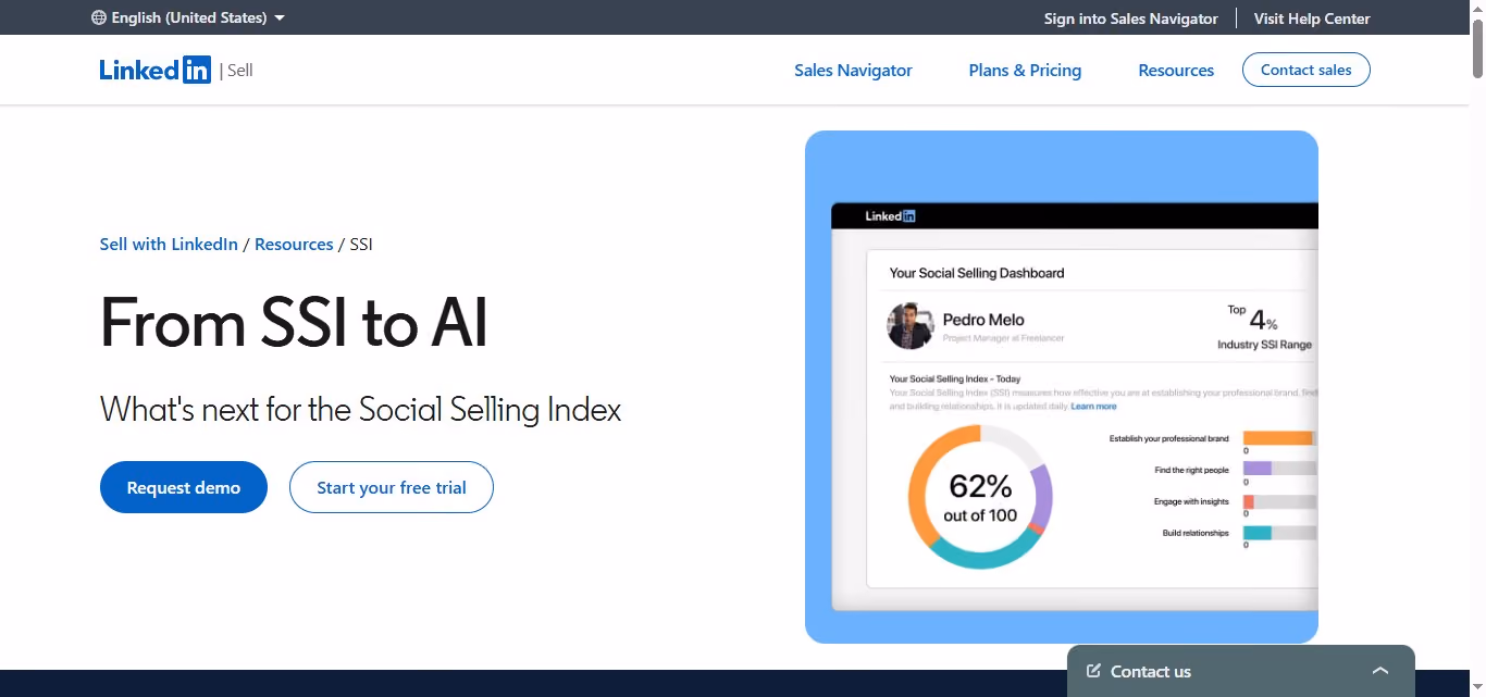 Screenshot of LinkedIn's Sales Navigator page, showing a "Your Social Selling Dashboard" with a "Your Social Selling Index - Today" score of 62% out of 100.