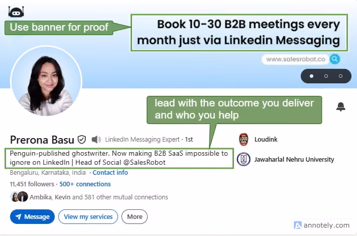 Screenshot of a LinkedIn profile for "Prerona Basu," a "LinkedIn Messaging Expert" and "Head of Social @SalesRobot," with text overlays indicating how to write a compelling profile and banner.