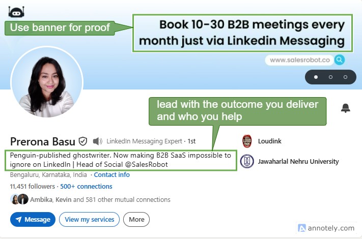 Screenshot of a LinkedIn profile for "Prerona Basu," a "LinkedIn Messaging Expert" and "Head of Social @SalesRobot," with text overlays indicating how to write a compelling profile and banner.