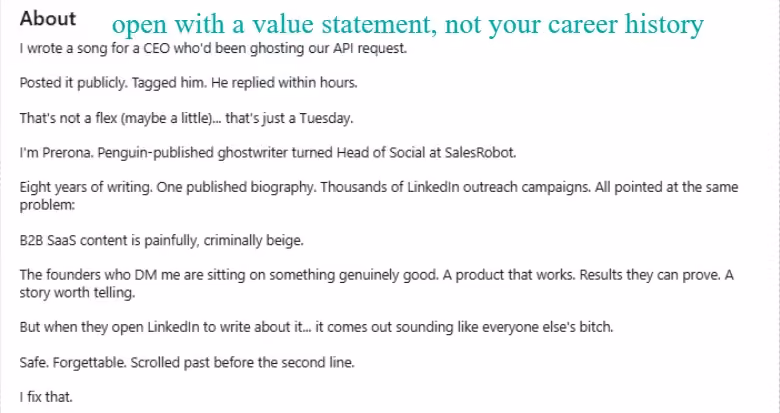 Screenshot of the "About" section of a LinkedIn profile, detailing Prerona Basu's background as a ghostwriter and her approach to creating B2B SaaS content.