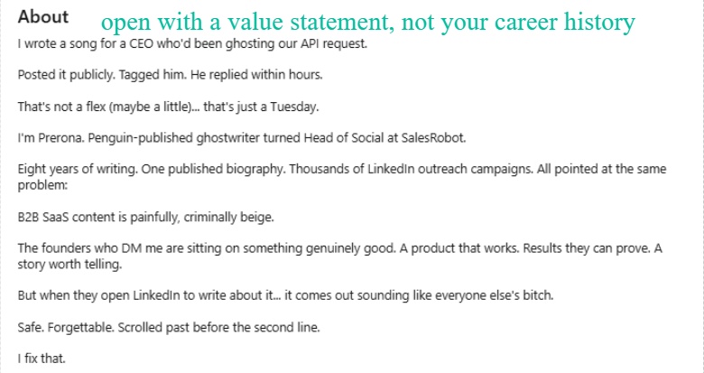 Screenshot of the "About" section of a LinkedIn profile, detailing Prerona Basu's background as a ghostwriter and her approach to creating B2B SaaS content.