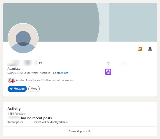 LinkedIn profile of an associate in Sydney, Australia