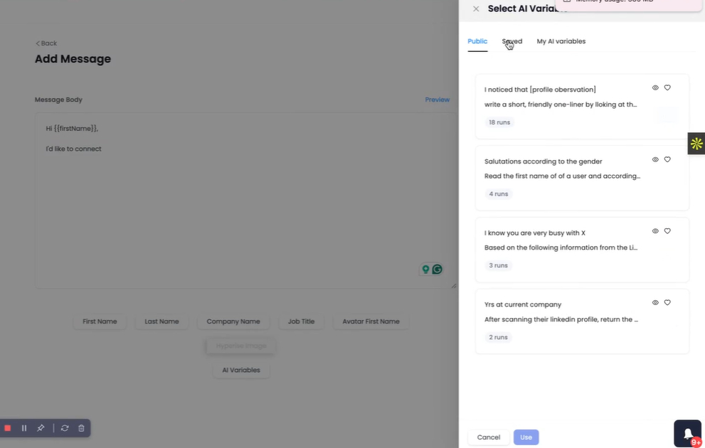 SalesRobot campaign creation interface showing sequence settings and AI variables