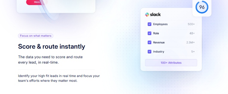 Screenshot of Slack attributes: Employees, Role, Revenue, Industry, and 100+ Attributes.
