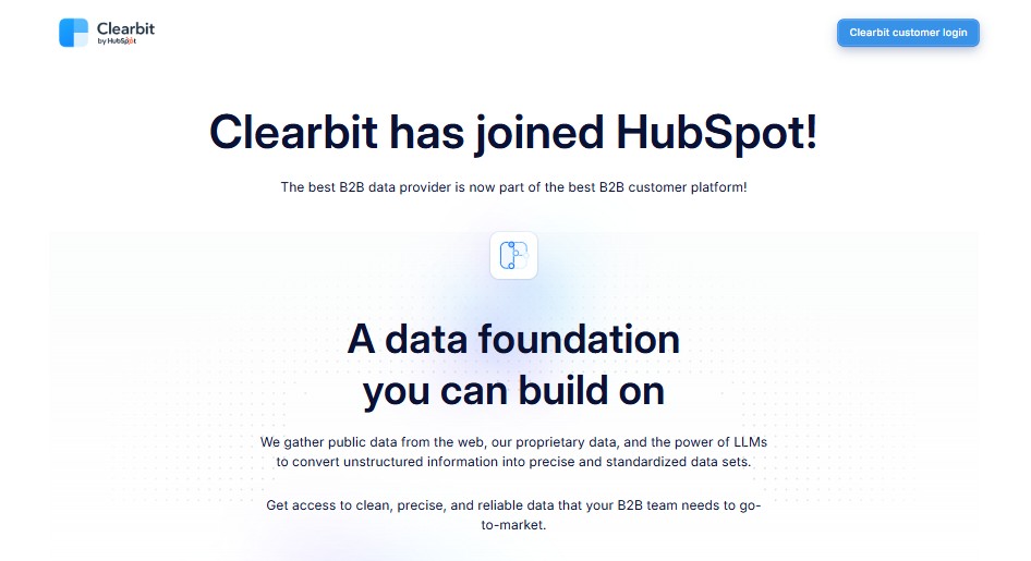 Clearbit logo and headline announcing acquisition by Hubspot