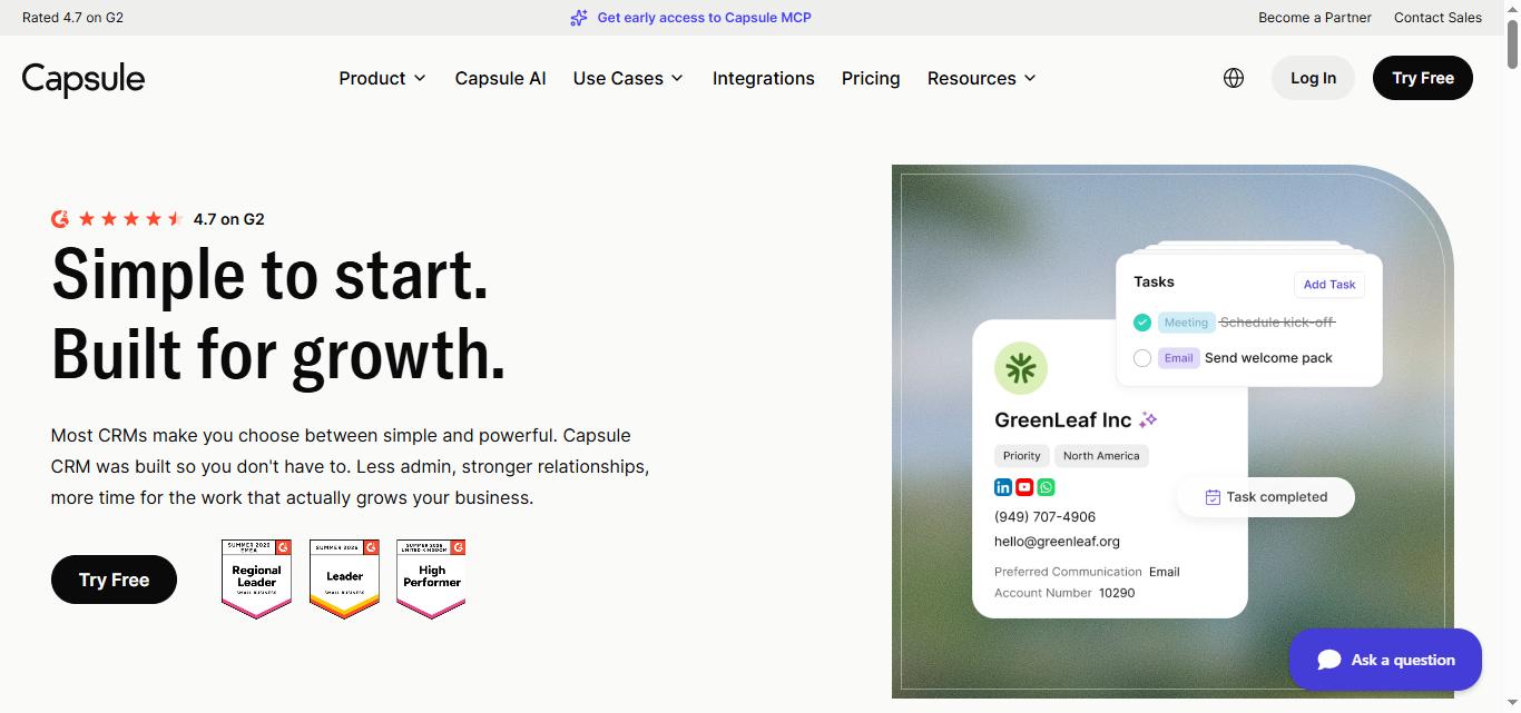 Capsule CRM website homepage featuring testimonials and a CRM interface.