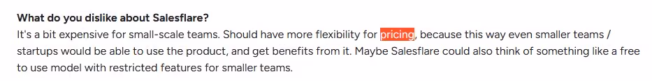 Customer review stating Salesflare is a bit expensive for small teams and suggesting a free tier.