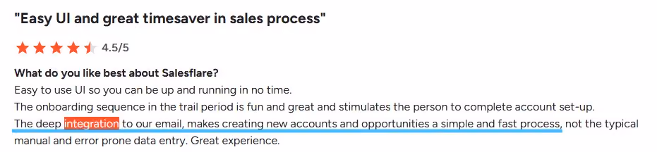 Customer review highlighting Salesflare's easy UI, integration with email, and time-saving sales process.