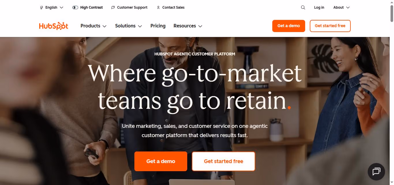 Screenshot of the HubSpot website homepage with a call to action to get a demo or get started for free