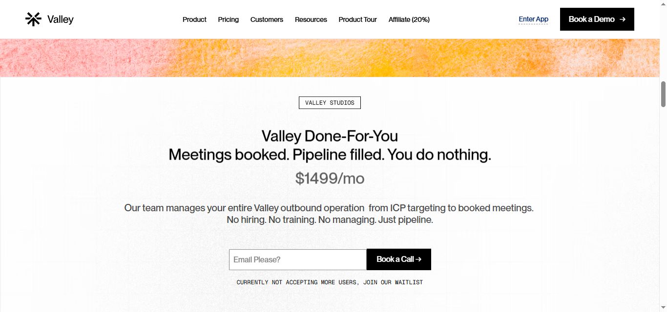 Valley Studios page offering early access to their services.