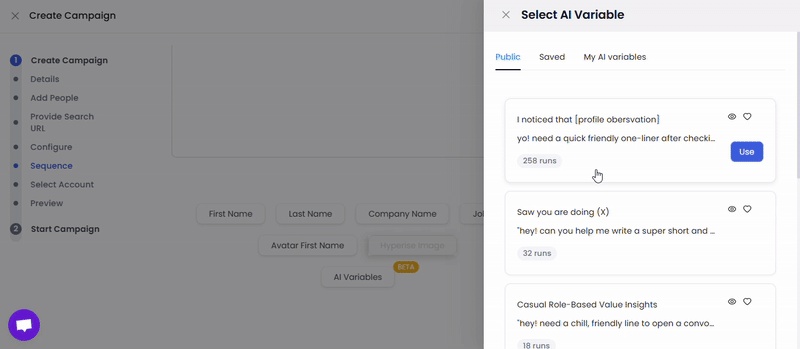 A screenshot of a campaign creation interface with a "Select AI Variable" pop-up window.