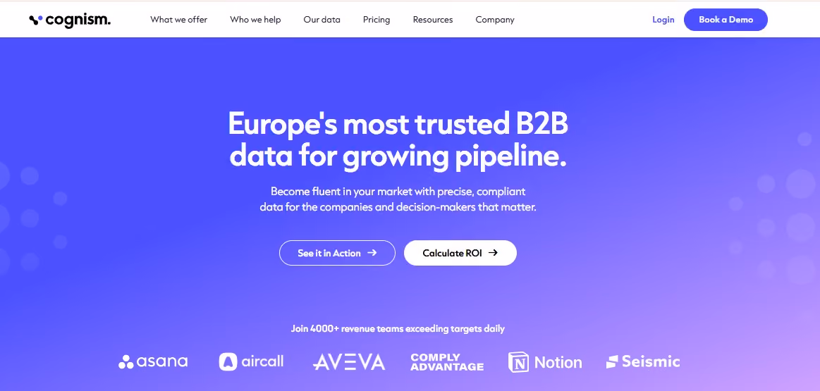 Cognism website homepage with the headline "Europe's most trusted B2B data for growing pipeline