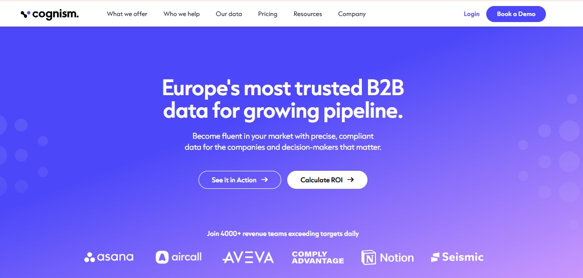 Cognism website homepage with the headline "Europe's most trusted B2B data for growing pipeline