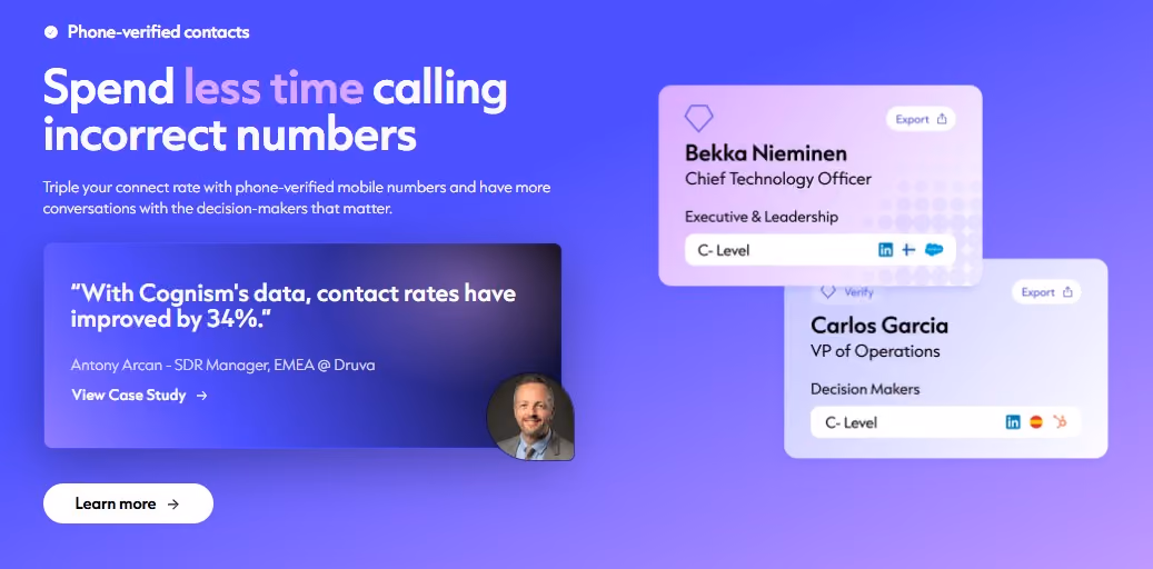 Cognism website section on phone-verified contacts, highlighting "Spend less time calling incorrect numbers" and featuring customer testimonials.