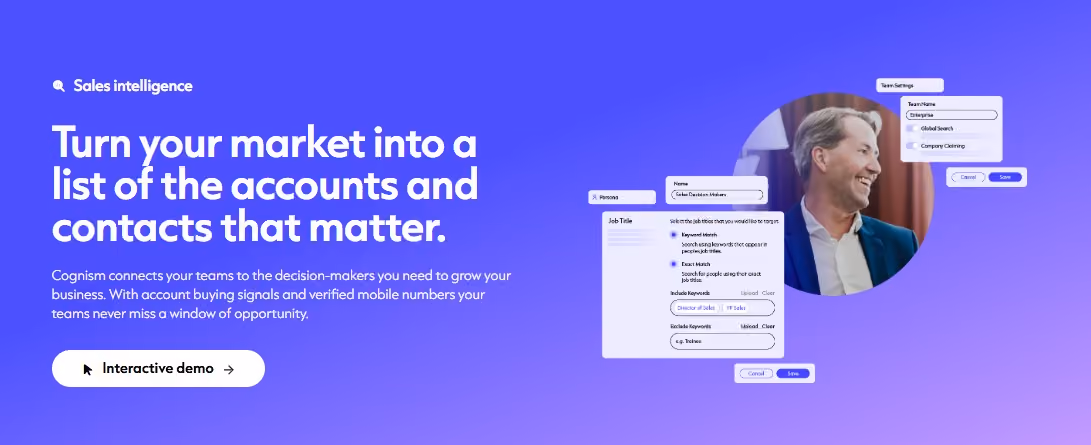 Cognism website section on sales intelligence, with the headline "Turn your market into a list of the accounts and contacts that matter