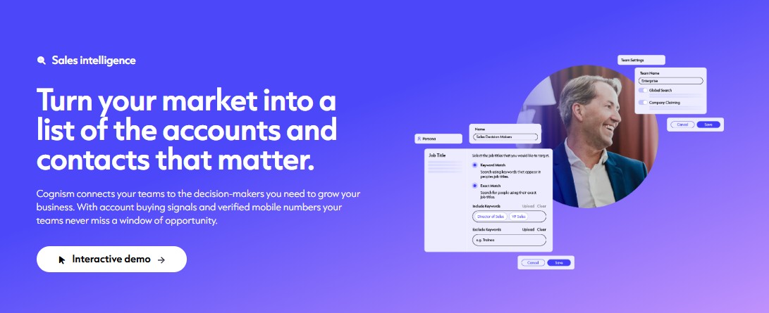 Cognism website section on sales intelligence, with the headline "Turn your market into a list of the accounts and contacts that matter