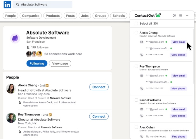 LinkedIn search results page for Absolute Software.
