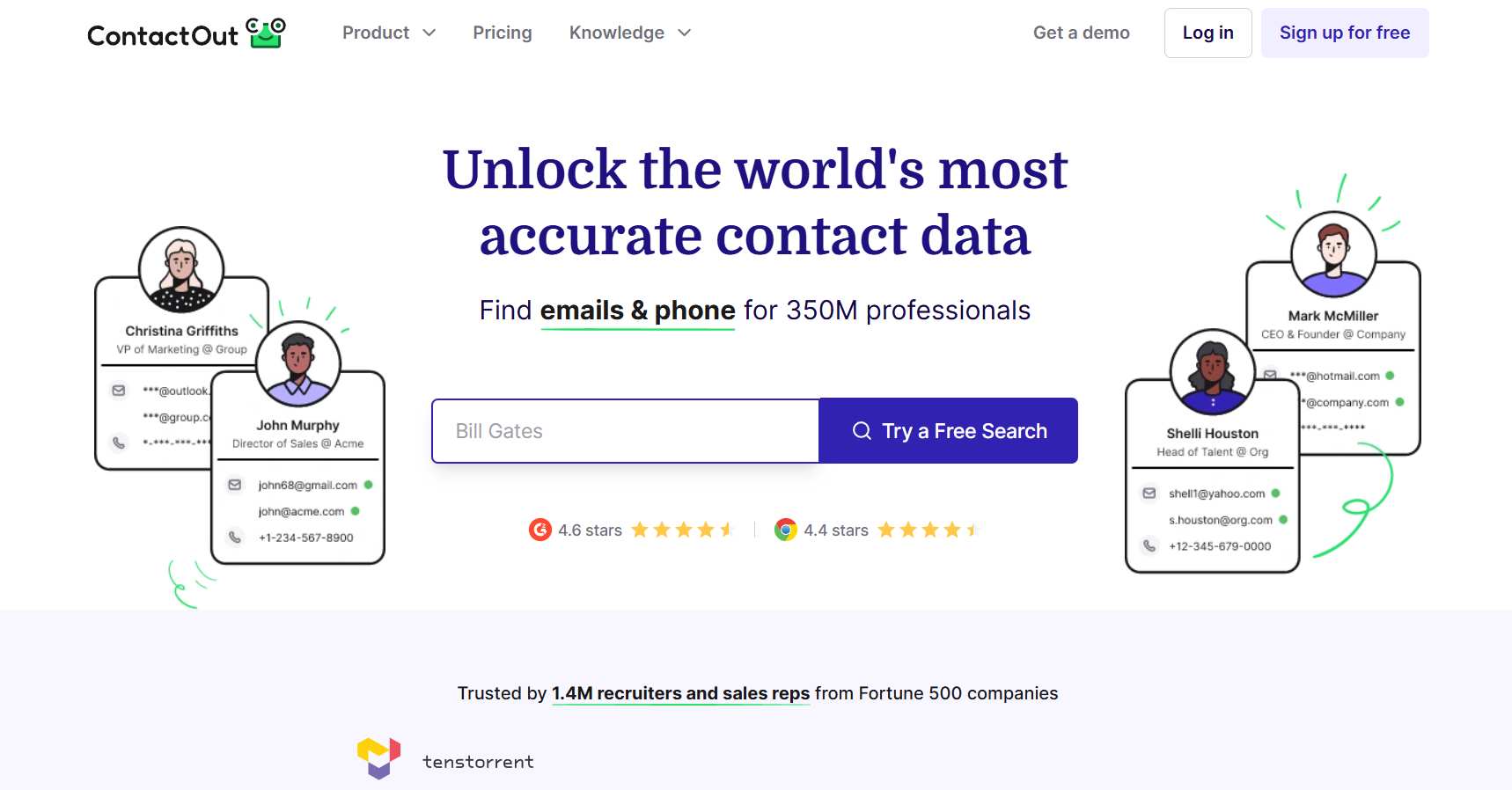 ContactOut homepage with search bar for Bill Gates.