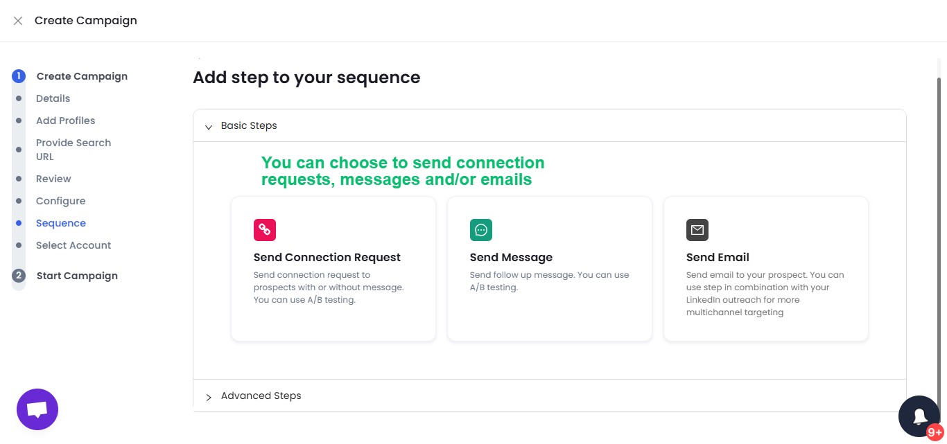 ContactOut "Create Campaign" page showing sequence options.