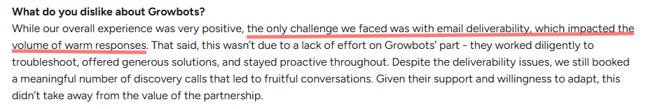 A quote about Growbots mentioning challenges with email deliverability and warm responses.