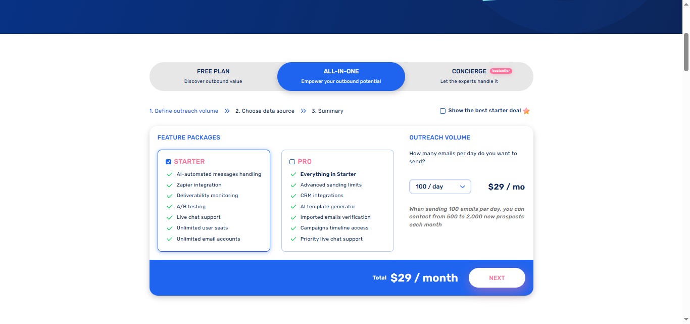 Pricing page for Growbots showing "All-in-One" plan as selected