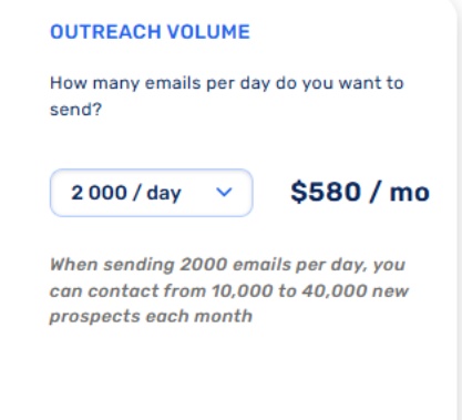 Outreach volume settings showing 2000/day with a price of $580/mo.