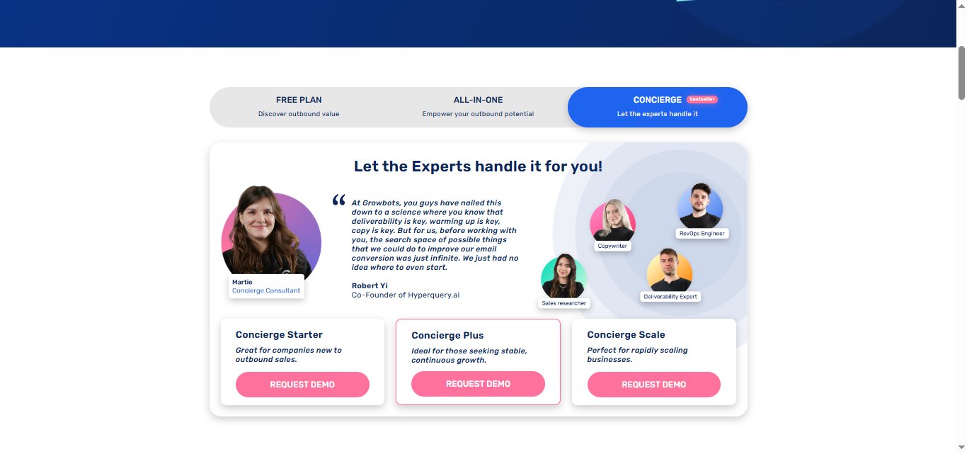 Growbots "Concierge" plan page with testimonials