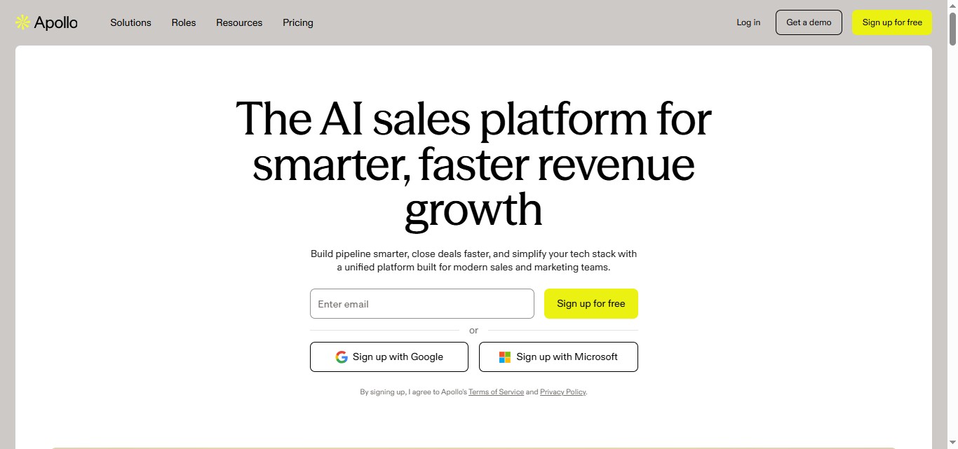 Apollo.io homepage with headline "The AI sales platform for smarter, faster revenue growth"