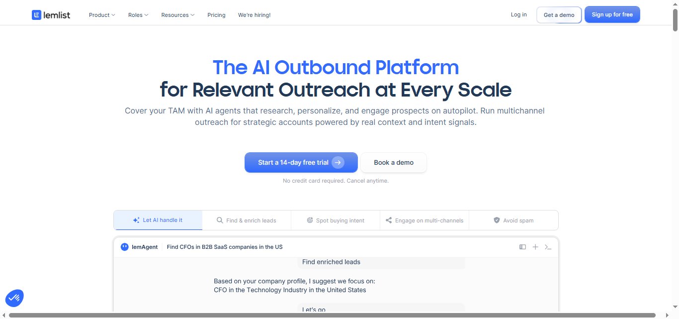 Lemlist homepage with headline "The AI Outbound Platform for Relevant Outreach at Every Scale"