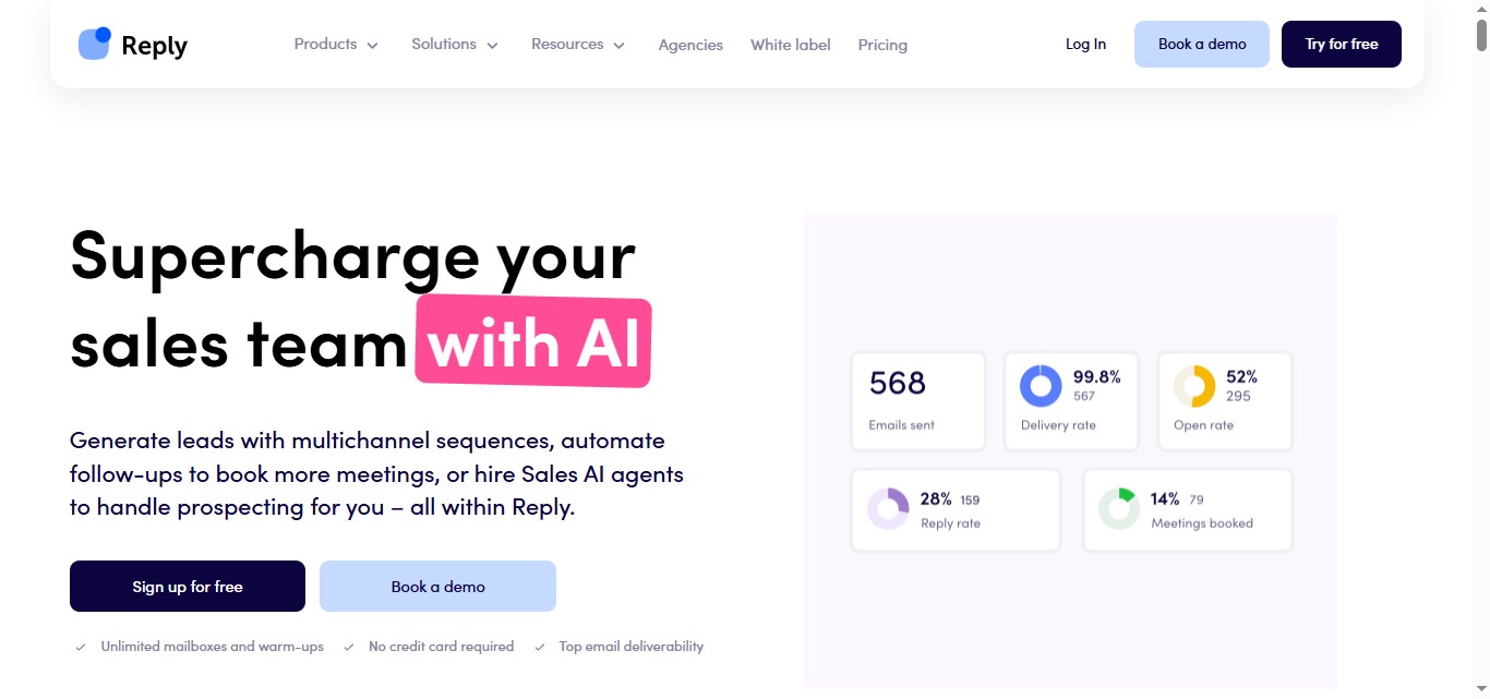 Reply.io homepage with headline "Supercharge your sales team with AI"