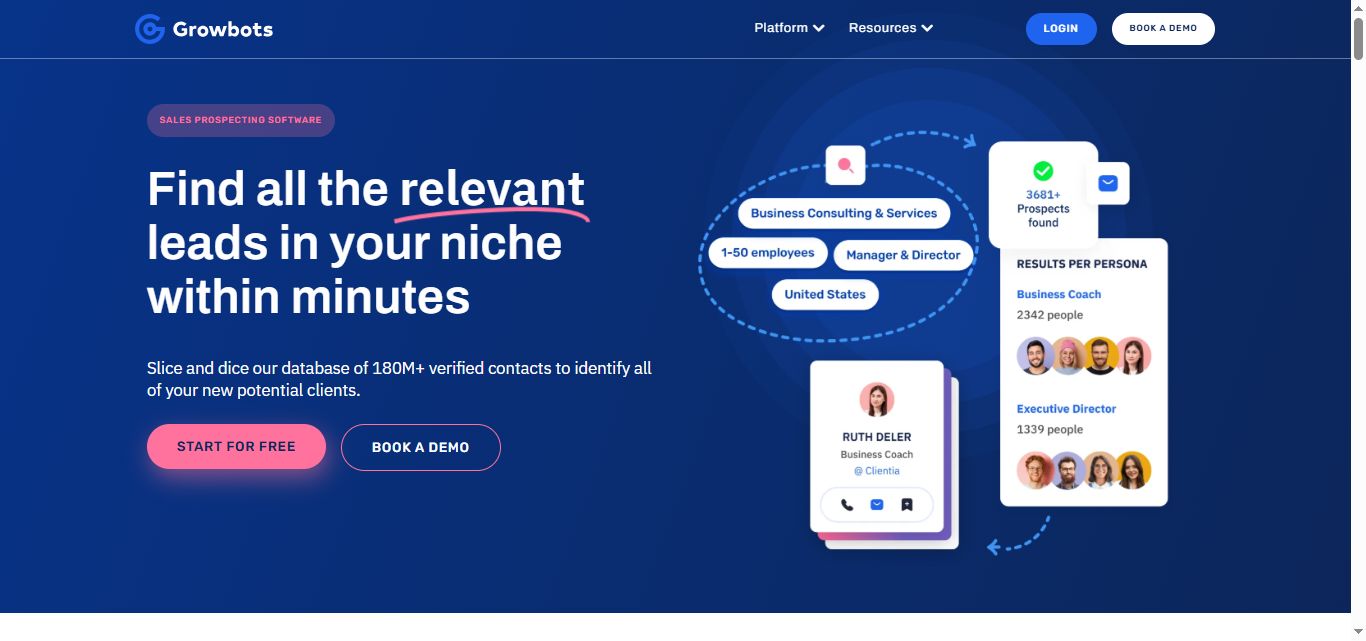 Screenshot of the Growbots website showing lead generation.